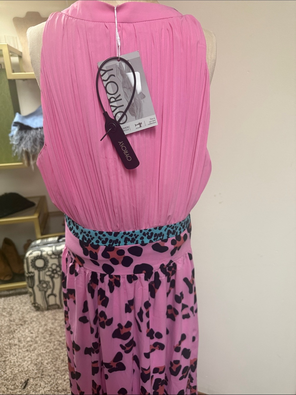 Pink Leopard-Print Halter Maxi Dress with Turquoise Trim - Picture 10 of 13